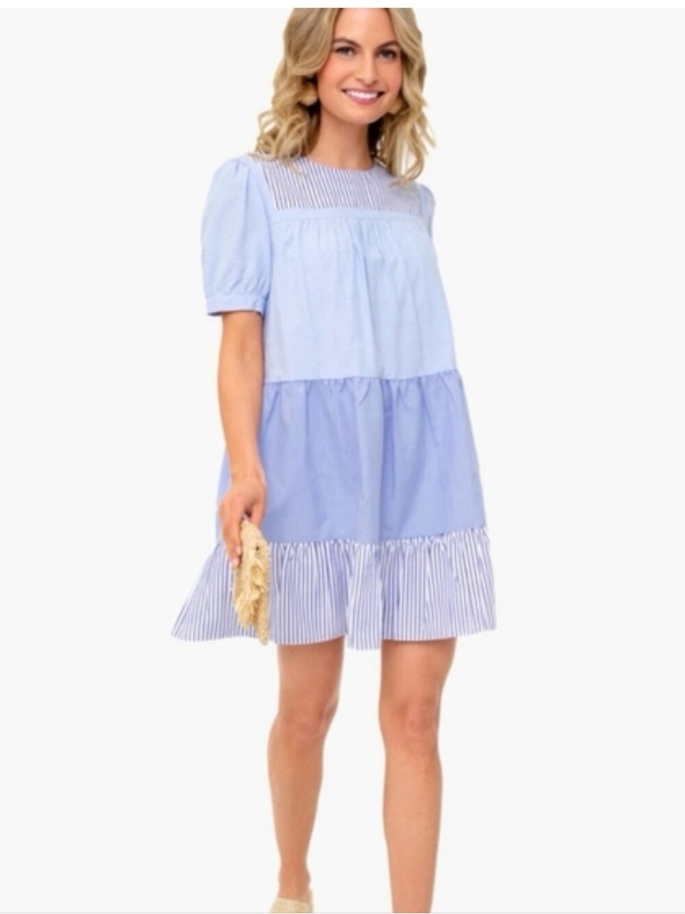 English Factory Blue Tiered Cotton Dress with Striped Yoke and Hem